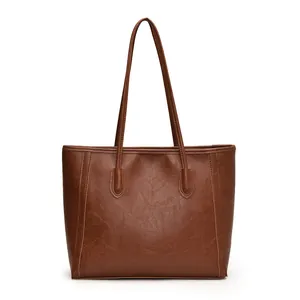 Vintage dark brown soft leather tote bag with large capacity for autumn/winter daily commute