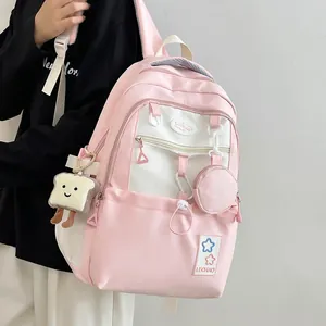 Rosa-weißer Schulrucksack mit mehreren Taschen und süßem Plüsch-Toast-Anhänger für Damen