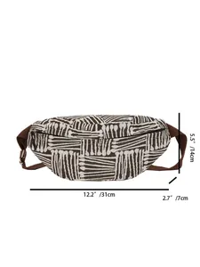 Detailed size chart of ethnic style canvas chest bag with stripes and dimensions