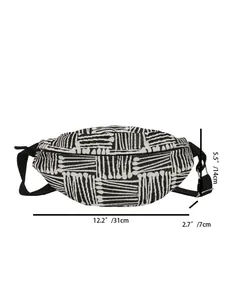 Black and white patterned waist bag detail with dimensions 31x14x7cm and adjustable strap