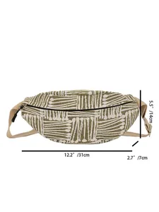 Detailed view of striped canvas belt bag showing 31cm width and 14cm height measurements