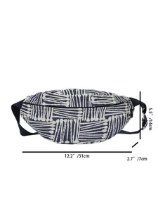 Detailed dimensions of the navy blue striped canvas waist bag showing 31cm length and 14cm height