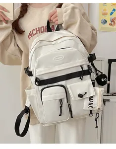 Detailed close-up of a white multi-pocket backpack featuring a black plush pendant