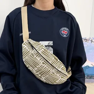 Ethnic style striped canvas chest bag with olive green woven patterns for women