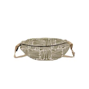 Ethnic style canvas chest bag with olive green and beige stripes and adjustable strap