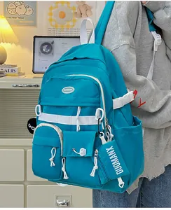 Detail of light blue multi-pocket backpack with white buckles in a cozy study setting