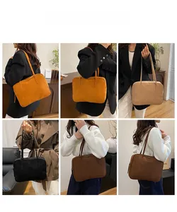 Chic minimalist matte suede shoulder bag in four colors styled with various commuter outfits