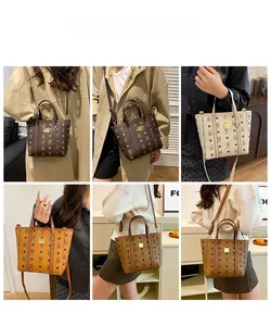 Collage of model wearing monogram printed tote bags in brown, beige, and orange colors