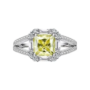 Makroaufnahme eines quadratischen gelben Moissanit-Steins in einem S925 Silber Prinzess-Ring