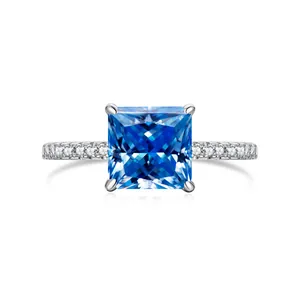 3 karaat prinses geslepen blauwe moissanite ring met diamanten in 925 zilver