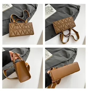 Multi-angle views of brown quilted handbag with wide woven strap and geometric stitching
