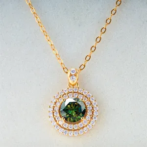 1ct Green Moissanite necklace with double halo diamonds and golden sterling silver chain