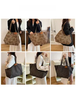 Detail shots of two leopard print canvas tote bags showing spacious design and leather handles