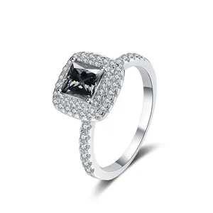 Elegant 925 silver halo ring with a black princess cut center stone and double diamond pavé