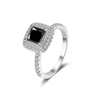 Luxury 925 sterling silver halo ring with princess cut black moissanite and micro pavé