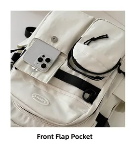Detail view of the nylon backpack front flap pocket and circular zipper compartment
