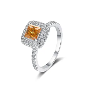 925 silver halo ring featuring 1 carat princess cut orange moissanite with diamond accents