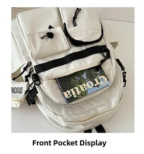 Front pocket display of the off-white casual backpack with multiple functional compartments