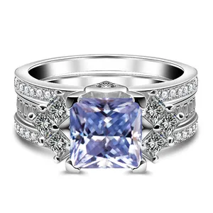Set anello in argento S925 con moissanite lavanda 3ct taglio princess e micro pavé