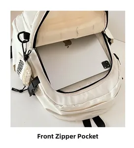 Detail view of the beige canvas backpack front zipper pocket and spacious interior capacity