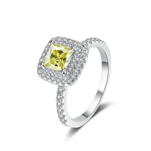 Luxury 925 sterling silver princess cut yellow moissanite halo ring for women