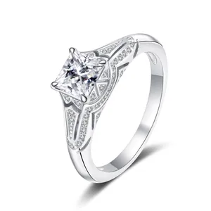 Elegant S925 sterling silver princess cut moissanite ring shown from a 45-degree angle