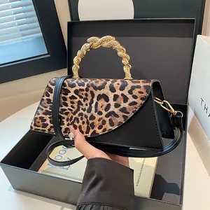 Women Vintage Leopard Print PU Leather Crossbody Bag Fashion Metal Handle Handbag Splicing Flap Shoulder Bag For Daily Party