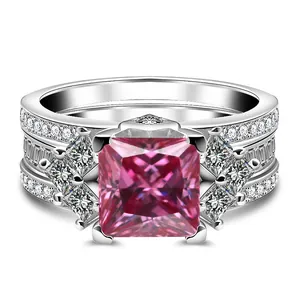 Anello in argento S925 con moissanite rosa da 3 carati taglio princess e diamanti