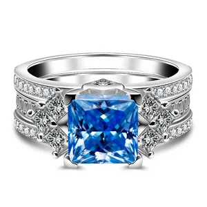 Anello in moissanite blu da 3 carati taglio princess in argento S925 con certificato GRA