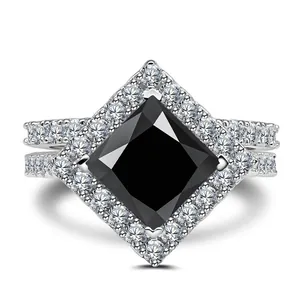 Close-up of 3CT princess cut black gemstone ring with S925 silver pave halo detail