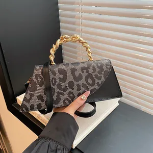 Fashionable leopard print small square bag with unique gold twisted metal handle