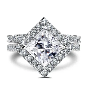 Macro shot of 3CT princess cut cubic zirconia ring with double band and halo setting