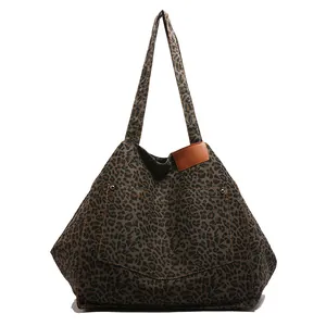 Stylish large leopard print canvas tote bag with front pocket and double shoulder straps