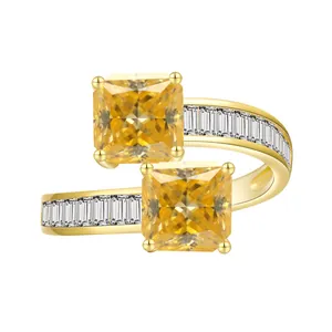 Bague bypass en argent S925 avec moissanite Asscher jaune 4 carats de 7x7mm dorée fine