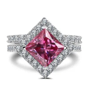 Elegant 925 sterling silver ring featuring a 3ct square pink stone with halo setting