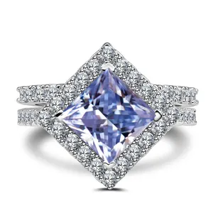 Luxury Princess Cut Square Zirconia 925 Sterling Silver Ring For Women Halo Double Row Band Wedding Engagement Party Jewelry