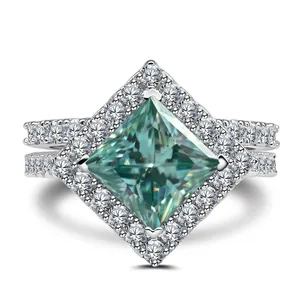 Princess cut 3CT teal moissanite engagement ring with halo and double row pavé band
