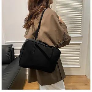 Detailed view of black matte texture shoulder bag on model for daily commuting fashion