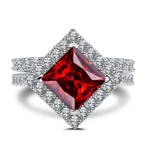 Luxury S925 silver ring featuring a 3CT princess cut red stone and halo diamonds