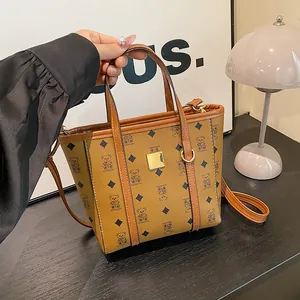 Women Vintage PU Leather Bear Monogram Print Tote Handbag Fashion Square Shoulder Crossbody Bag With Adjustable Strap Metal Hardware