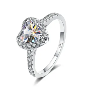 925 sterling silver heart-shaped moissanite ring with halo setting and paved band