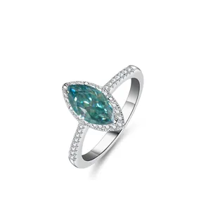 Anello in argento S925 con moissanite marquise blu-verde e design halo per donna