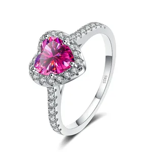 925 sterling silver heart-shaped pink moissanite ring with halo micro-pave setting