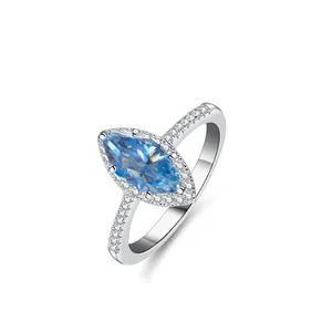Elegante anello in argento S925 con moissanite blu taglio marquise da 1ct e halo