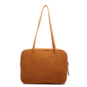 Retro tan matte suede shoulder bag for women with long dual straps and zipper closure