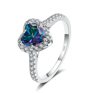 Moissanite heart ring in 925 silver with a color-changing gemstone and halo setting