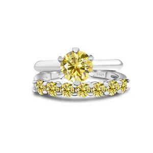 1.7CT yellow moissanite S925 silver bridal set with classic 6-prong solitaire and band