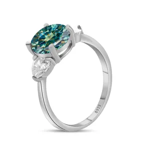 Anello in moissanite blu-verde ovale 3ct in argento S925 con pietre laterali a pera