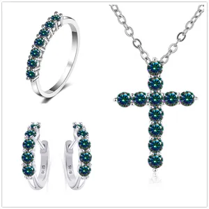 Schmuckset aus S925 Sterlingsilber mit 2,8 Karat blau-grünem Moissanit-Kreuzset