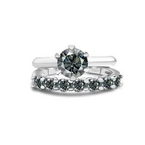 1.7CT grey moissanite S925 silver ring set with classic six-prong setting and half eternity band